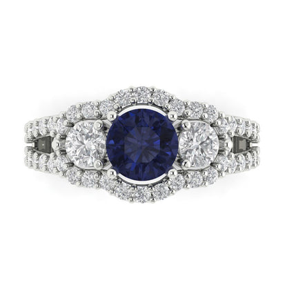 2.16 cttw Simulated Blue Sapphire Three-Stone Engagement Ring - Solid White Gold (VVS1, Round Cut,6.5mm)
