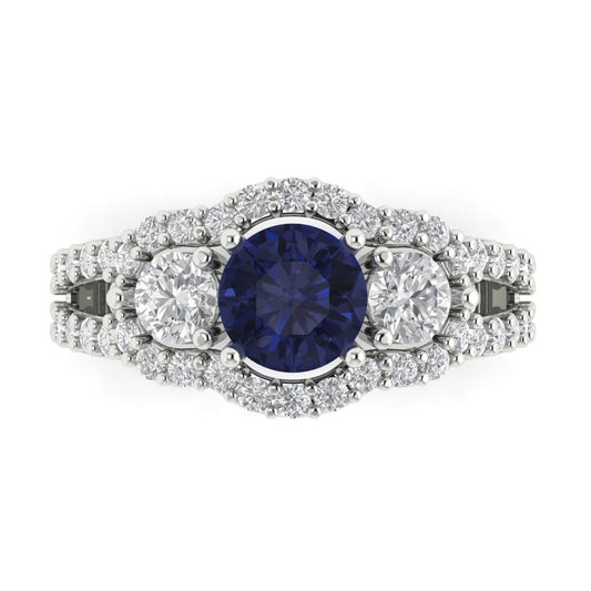 2.16 cttw Simulated Blue Sapphire Three-Stone Engagement Ring - Solid White Gold (VVS1, Round Cut,6.5mm)