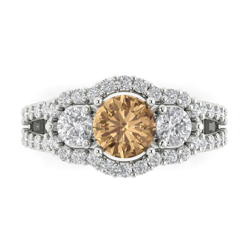 2.16 cttw Zirconia Simulated Champagne Diamond Three-Stone Engagement Ring - Solid Gold (VVS1, Round Cut,6.5mm)