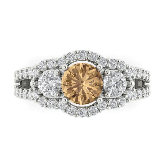 2.16 cttw Zirconia Simulated Champagne Diamond Three-Stone Engagement Ring - Solid White Gold (VVS1, Round Cut,6.5mm)
