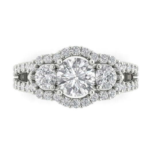 2.16 cttw Moissanite Three-Stone Engagement Ring - Solid White Gold (VVS1, Round Cut,6.5mm)