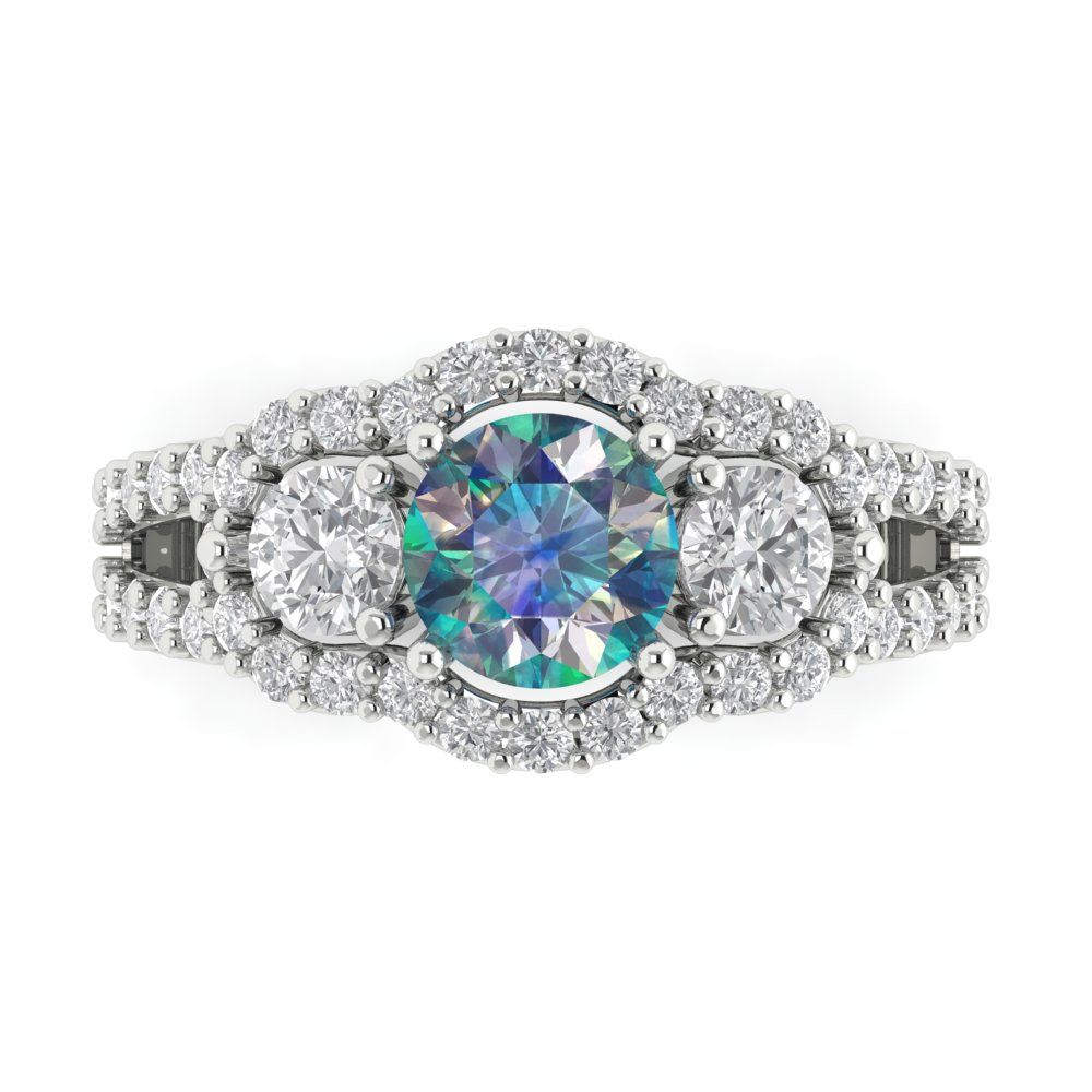 2.16 cttw Blue Moissanite Three-Stone Engagement Ring - Solid Gold (Round Cut,6.5mm)