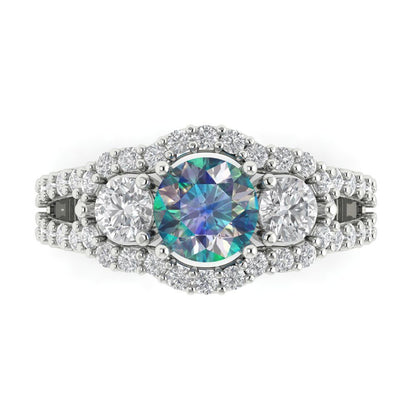 2.16 cttw Blue Moissanite Three-Stone Engagement Ring - Solid Gold (Round Cut,6.5mm)