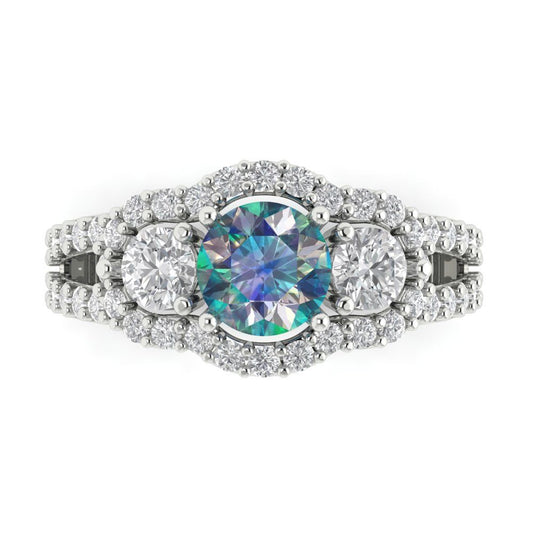 2.16 cttw Blue Moissanite Three-Stone Engagement Ring - Solid White Gold (VVS1, Round Cut,6.5mm)