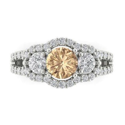 2.16 cttw Yellow Moissanite Three-Stone Engagement Ring - Solid Gold (Round Cut,6.5mm)