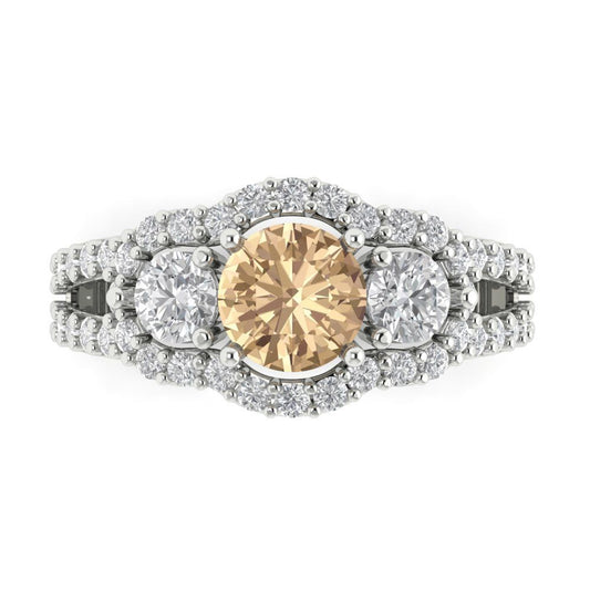 2.16 cttw Yellow Moissanite Three-Stone Engagement Ring - Solid White Gold (VVS1, Round Cut,6.5mm)