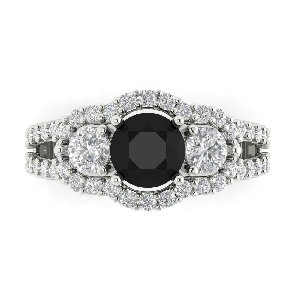 2.16 cttw Natural Onyx Three-Stone Engagement Ring - Solid White Gold (VVS1, Round Cut,6.5mm)