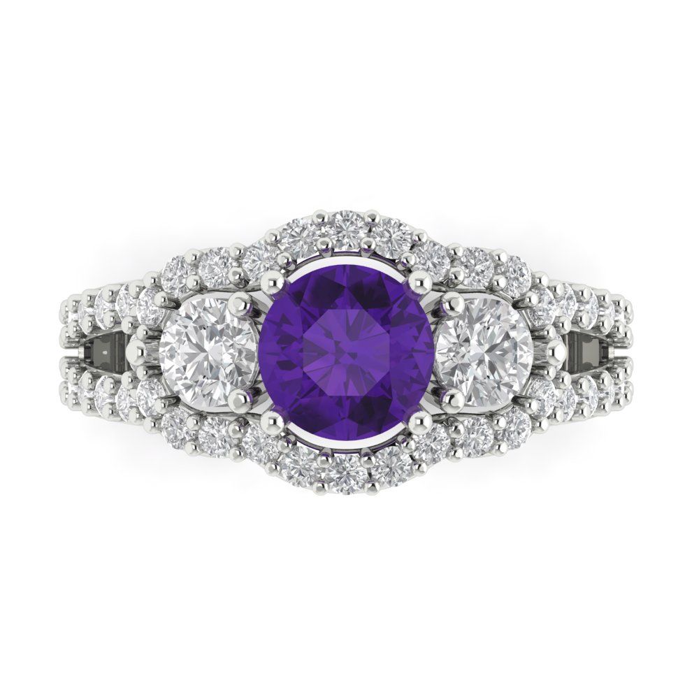 2.16 cttw Natural Amethyst Three-Stone Engagement Ring - Solid White Gold (VVS1, Round Cut,6.5mm)