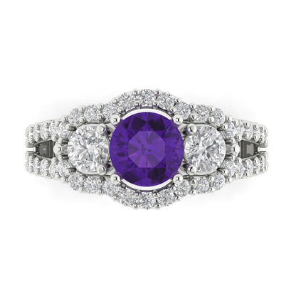 2.16 cttw Natural Amethyst Three-Stone Engagement Ring - Solid White Gold (VVS1, Round Cut,6.5mm)