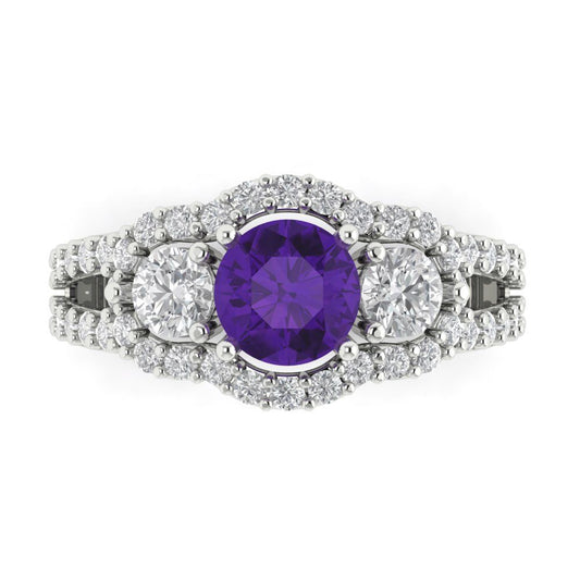 2.16 cttw Natural Amethyst Three-Stone Engagement Ring - Solid White Gold (VVS1, Round Cut,6.5mm)