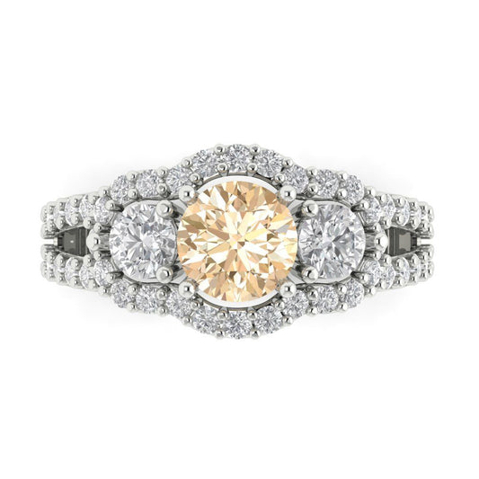 2.16 cttw Natural Morganite Three-Stone Engagement Ring - Solid White Gold (VVS1, Round Cut,6.5mm)