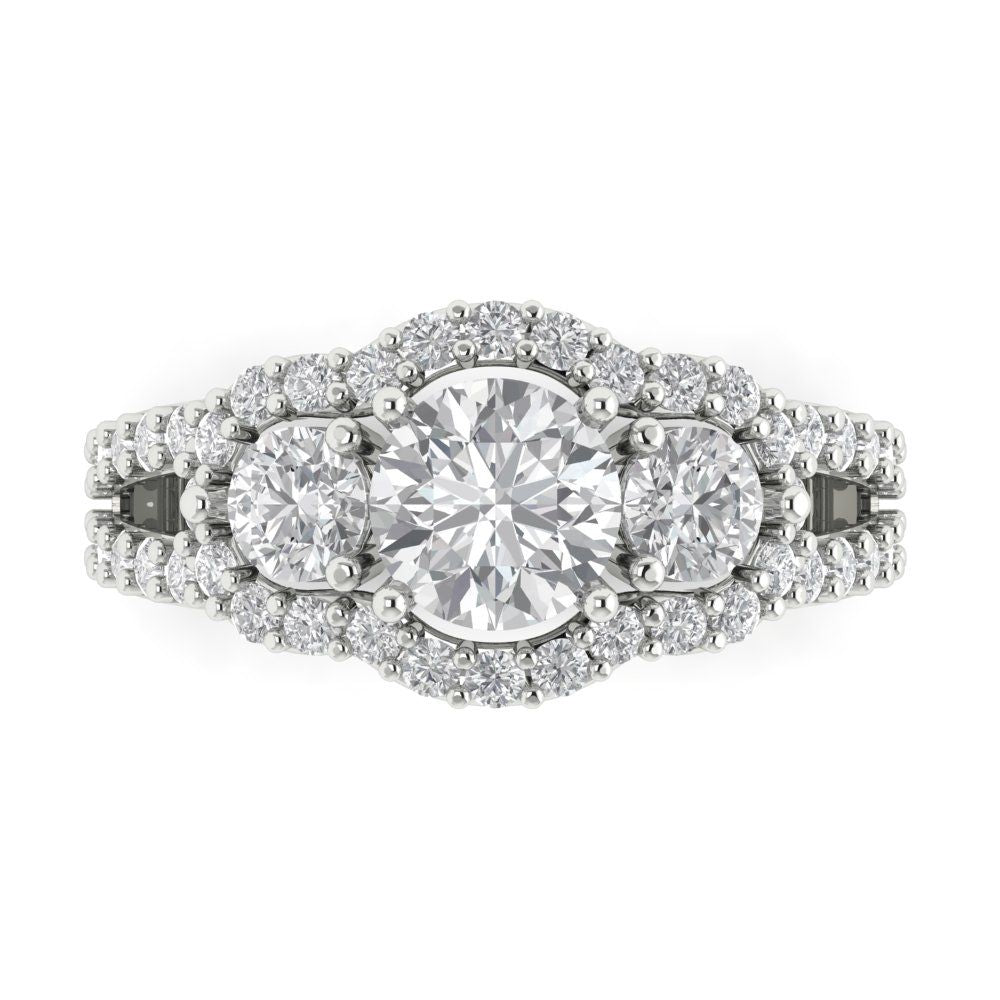 2.16 cttw White Sapphire Three-Stone Engagement Ring - Solid White Gold (VVS1, Round Cut,6.5mm)