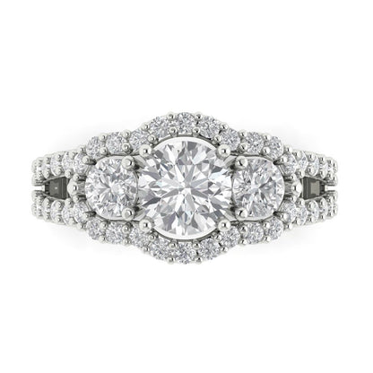 2.16 cttw White Sapphire Three-Stone Engagement Ring - Solid White Gold (VVS1, Round Cut,6.5mm)