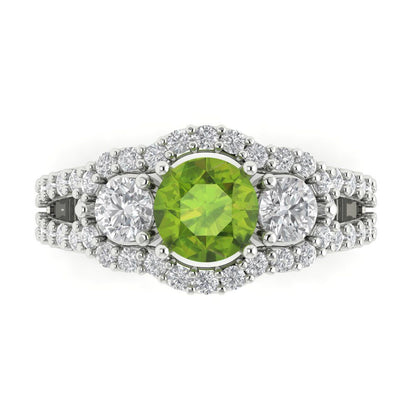 2.16 cttw Natural Peridot Three-Stone Engagement Ring - Solid White Gold (VVS1, Round Cut,6.5mm)