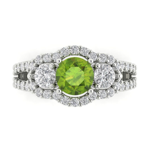 2.16 cttw Natural Peridot Three-Stone Engagement Ring - Solid White Gold (VVS1, Round Cut,6.5mm)