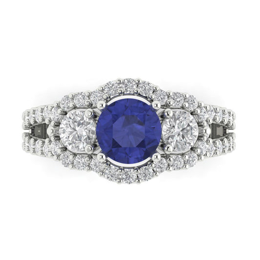 2.16 cttw Simulated Tanzanite Three-Stone Engagement Ring - Solid White Gold (VVS1, Round Cut,6.5mm)