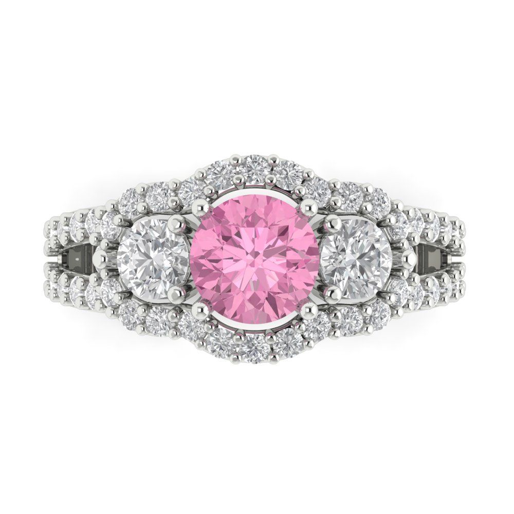 2.16 cttw Zirconia Simulated Pink Diamond Three-Stone Engagement Ring - Solid White Gold (VVS1, Round Cut,6.5mm)