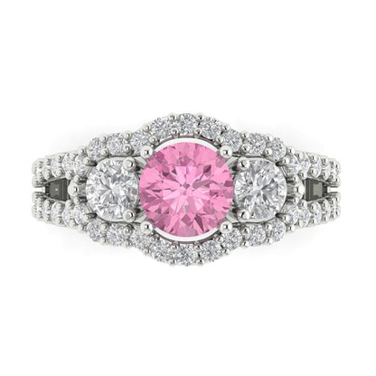 2.16 cttw Zirconia Simulated Pink Diamond Three-Stone Engagement Ring - Solid White Gold (VVS1, Round Cut,6.5mm)