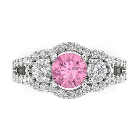 2.16 cttw Zirconia Simulated Pink Diamond Three-Stone Engagement Ring - Solid White Gold (VVS1, Round Cut,6.5mm)