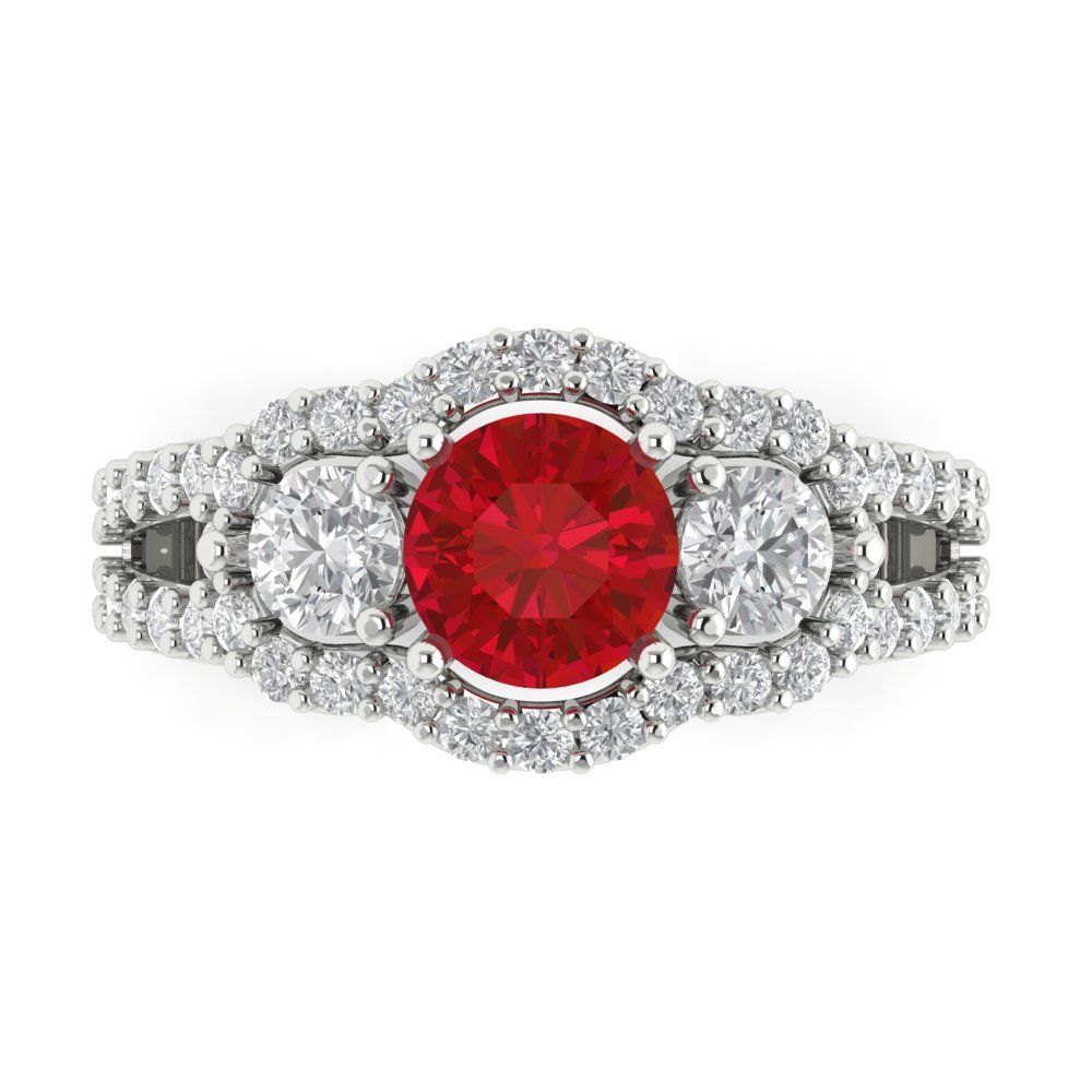 2.16 cttw Simulated Ruby Three-Stone Engagement Ring - Solid White Gold (VVS1, Round Cut,6.5mm)