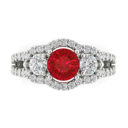 2.16 cttw Simulated Ruby Three-Stone Engagement Ring - Solid White Gold (VVS1, Round Cut,6.5mm)