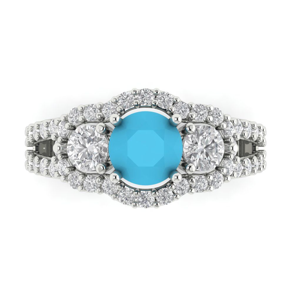 2.16 cttw Simulated Turquoise Three-Stone Engagement Ring - Solid White Gold (VVS1, Round Cut,6.5mm)