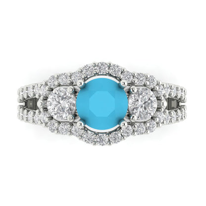 2.16 cttw Simulated Turquoise Three-Stone Engagement Ring - Solid White Gold (VVS1, Round Cut,6.5mm)