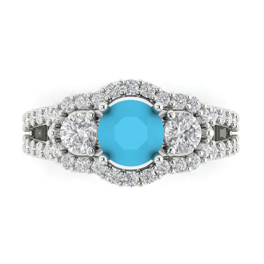 2.16 cttw Simulated Turquoise Three-Stone Engagement Ring - Solid White Gold (VVS1, Round Cut,6.5mm)