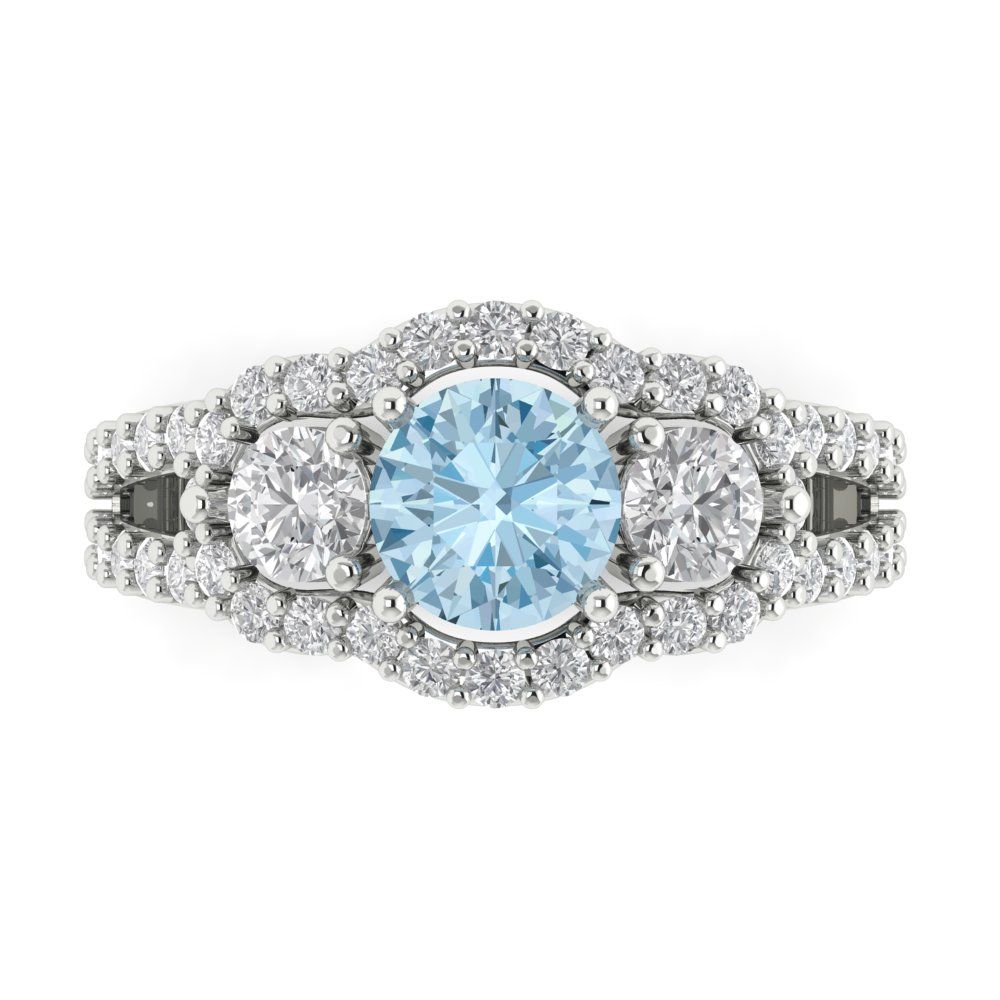 2.16 cttw Natural Aquamarine Three-Stone Engagement Ring - Solid White Gold (VVS1, Round Cut,6.5mm)