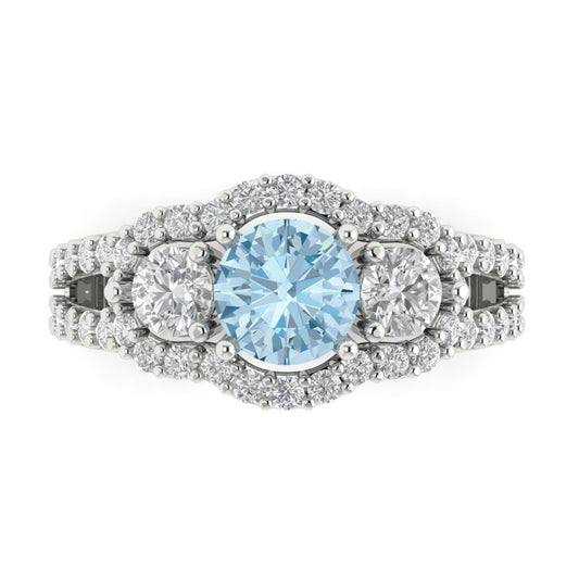 2.16 cttw Natural Sky Blue Topaz Three-Stone Engagement Ring - Solid White Gold (VVS1, Round Cut,6.5mm)