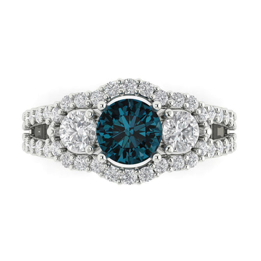 2.16 cttw Natural London Blue Topaz Three-Stone Engagement Ring - Solid White Gold (VVS1, Round Cut,6.5mm)
