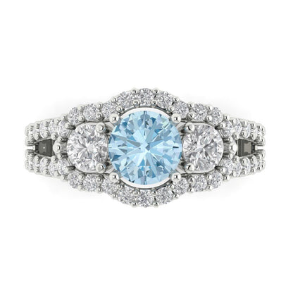 2.16 cttw Zirconia Simulated Blue Diamond Three-Stone Engagement Ring - Solid Gold (VVS1, Round Cut,6.5mm)