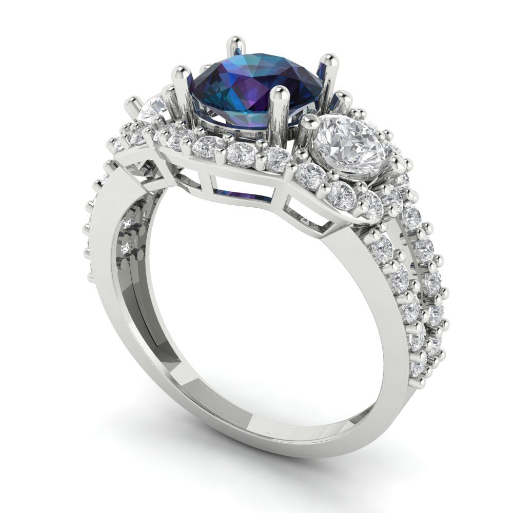 2.16 cttw Simulated Alexandrite Three-Stone Engagement Ring - Solid White Gold (VVS1, Round Cut,6.5mm)
