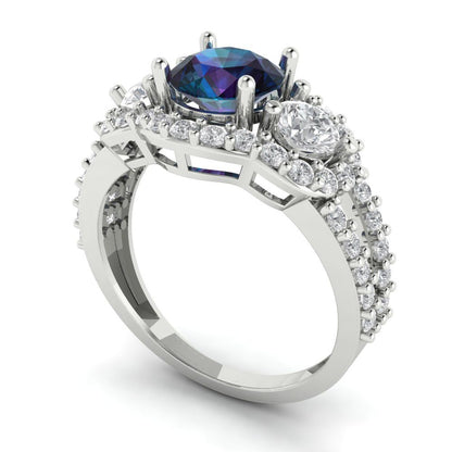 2.16 cttw Simulated Alexandrite Three-Stone Engagement Ring - Solid White Gold (VVS1, Round Cut,6.5mm)