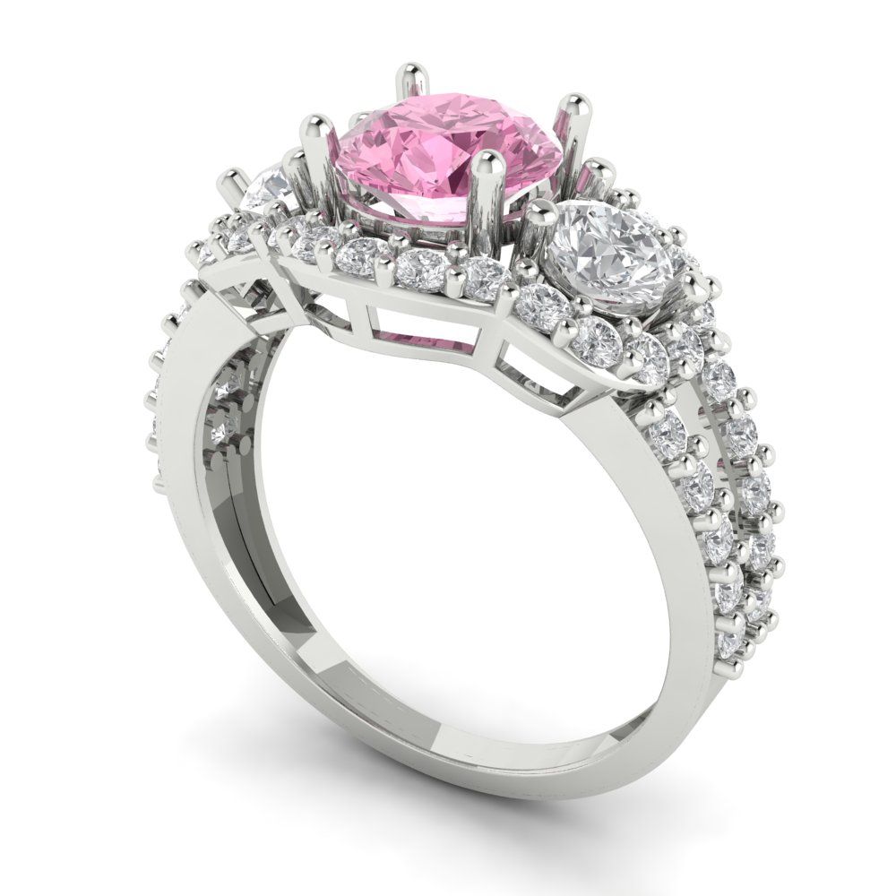 2.16 cttw Zirconia Simulated Pink Diamond Three-Stone Engagement Ring - Solid White Gold (VVS1, Round Cut,6.5mm)