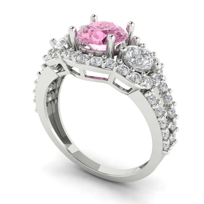 2.16 cttw Zirconia Simulated Pink Diamond Three-Stone Engagement Ring - Solid White Gold (VVS1, Round Cut,6.5mm)