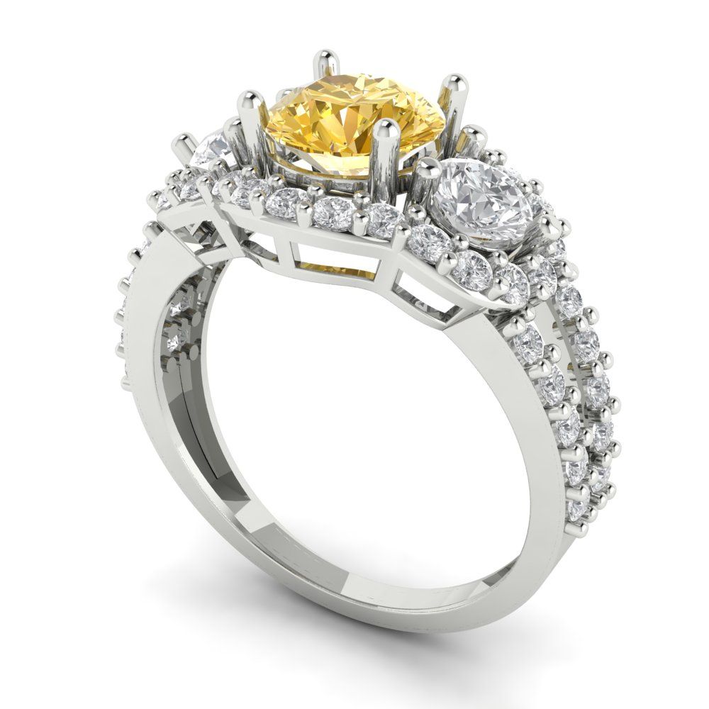 2.16 cttw Zirconia Simulated Yellow Diamond Three-Stone Engagement Ring - Solid White Gold (VVS1, Round Cut,6.5mm)
