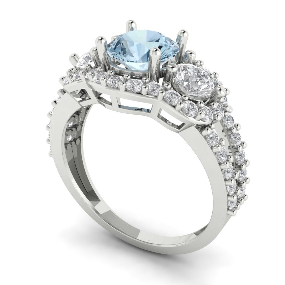 2.16 cttw Natural Aquamarine Three-Stone Engagement Ring - Solid White Gold (VVS1, Round Cut,6.5mm)