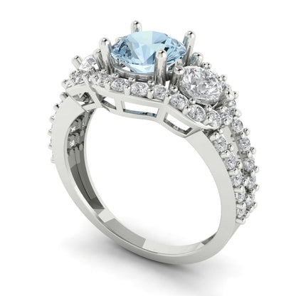2.16 cttw Natural Aquamarine Three-Stone Engagement Ring - Solid White Gold (VVS1, Round Cut,6.5mm)