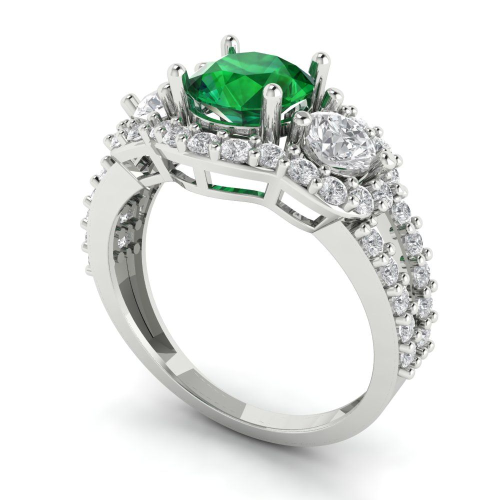 2.16 cttw Simulated Emerald Three-Stone Engagement Ring - Solid White Gold (VVS1, Round Cut,6.5mm)