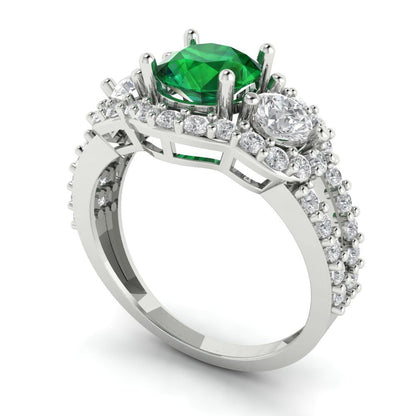 2.16 cttw Simulated Emerald Three-Stone Engagement Ring - Solid White Gold (VVS1, Round Cut,6.5mm)