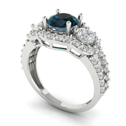 2.16 cttw Natural London Blue Topaz Three-Stone Engagement Ring - Solid Gold (Round Cut,6.5mm)