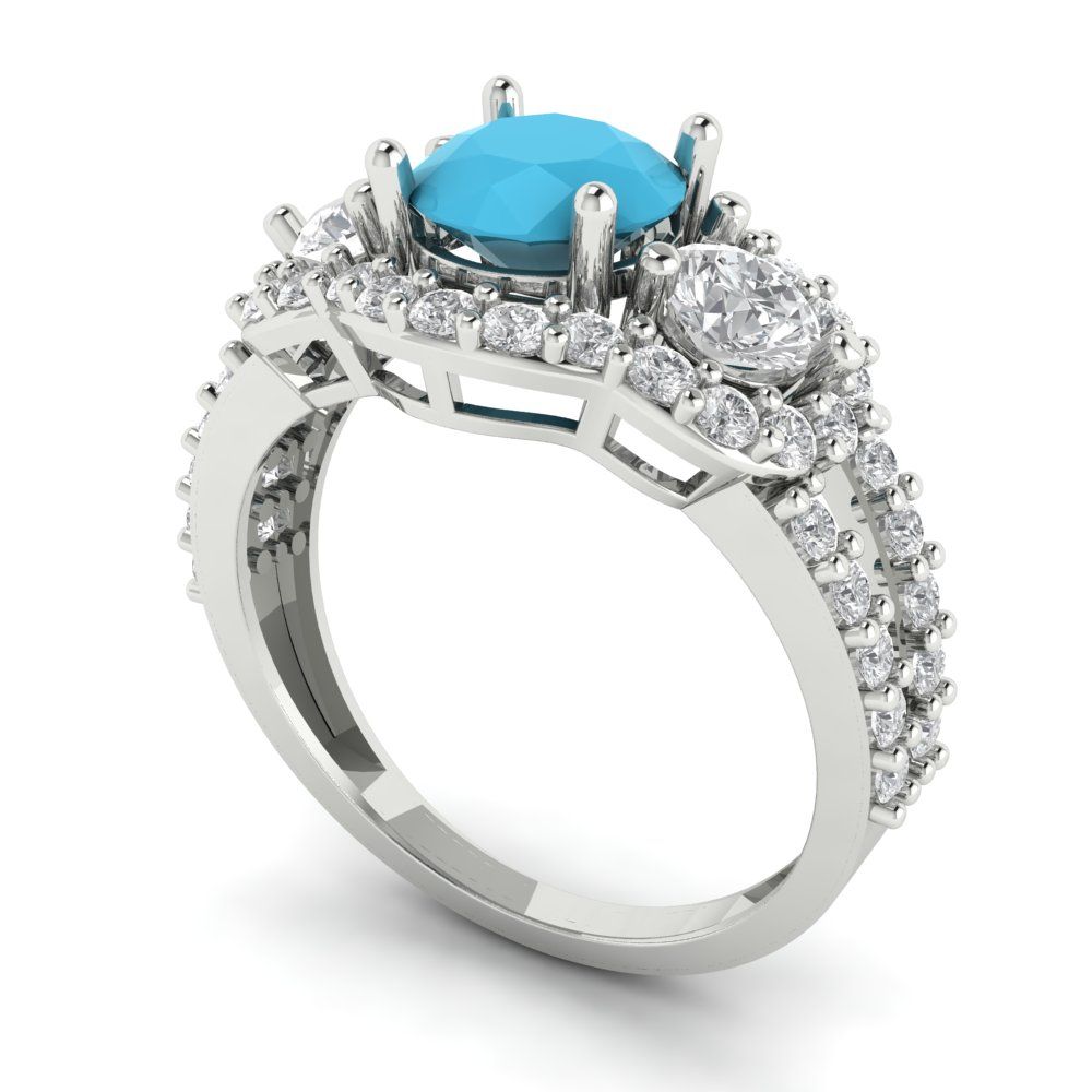 2.16 cttw Simulated Turquoise Three-Stone Engagement Ring - Solid White Gold (VVS1, Round Cut,6.5mm)
