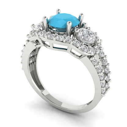 2.16 cttw Simulated Turquoise Three-Stone Engagement Ring - Solid White Gold (VVS1, Round Cut,6.5mm)