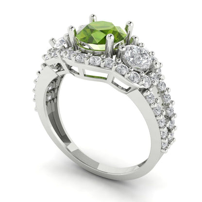 2.16 cttw Natural Peridot Three-Stone Engagement Ring - Solid White Gold (VVS1, Round Cut,6.5mm)