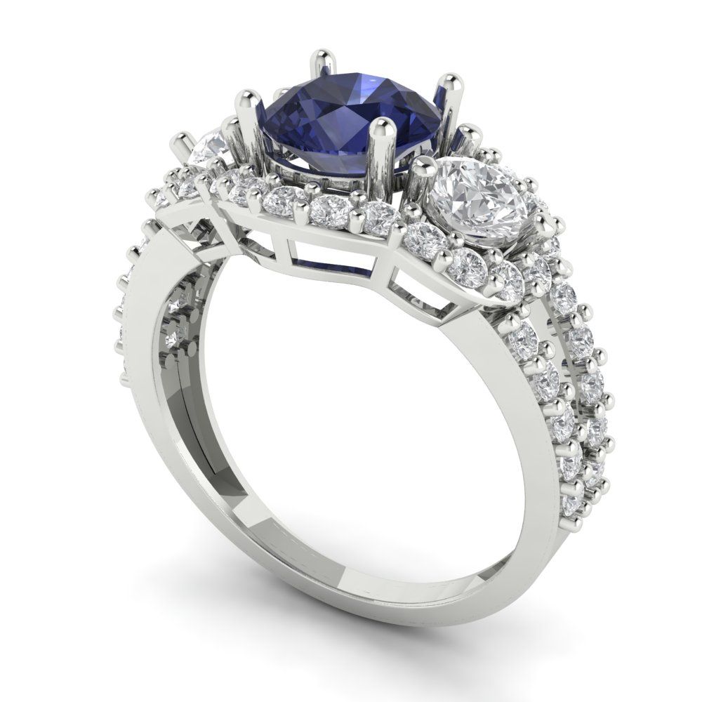 2.16 cttw Simulated Blue Sapphire Three-Stone Engagement Ring - Solid White Gold (VVS1, Round Cut,6.5mm)