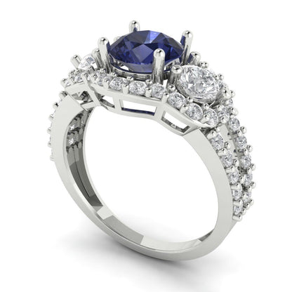 2.16 cttw Simulated Blue Sapphire Three-Stone Engagement Ring - Solid White Gold (VVS1, Round Cut,6.5mm)