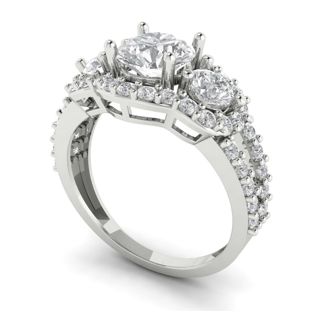 2.16 cttw White Sapphire Three-Stone Engagement Ring - Solid White Gold (VVS1, Round Cut,6.5mm)