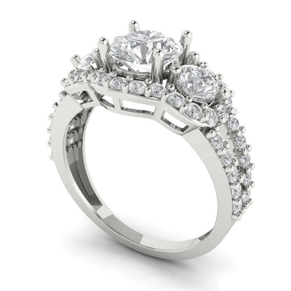 2.16 cttw White Sapphire Three-Stone Engagement Ring - Solid White Gold (VVS1, Round Cut,6.5mm)