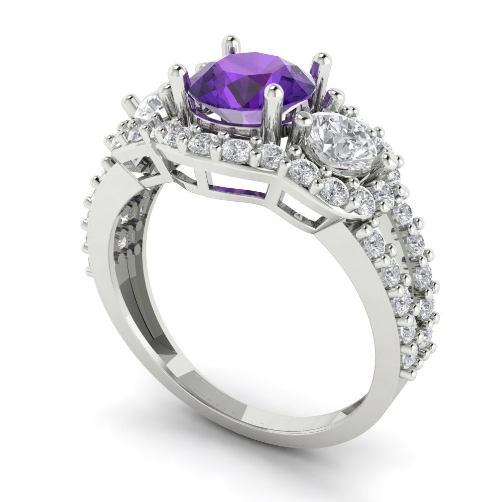 2.16 cttw Natural Amethyst Three-Stone Engagement Ring - Solid White Gold (VVS1, Round Cut,6.5mm)
